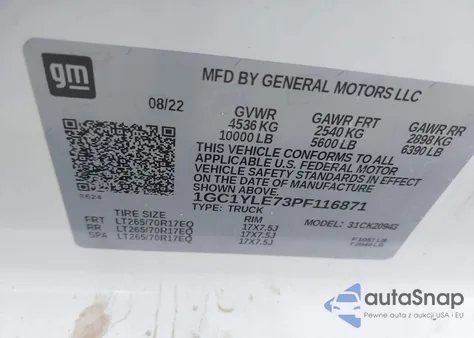 2023 Chevrolet Silverado 2500Hd 4Wd Long Bed Wt z USA, uszkodzony, nr VIN 1GC1YLE73PF116871